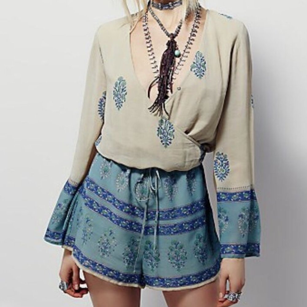 Free People Tan & Blue Romper
